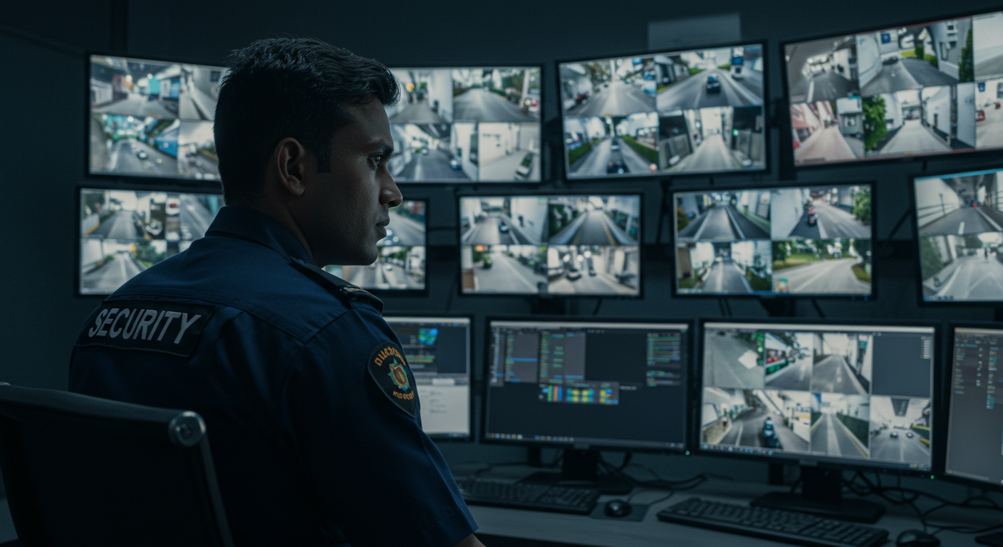 Security services guard monitoring a CCTV camera system with multiple screens to check for danger